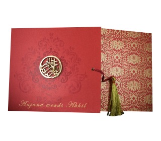 Muslim Designer Wedding Card in Red & Orange with Golden Motifs