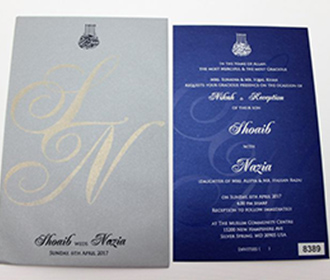 Muslim Indian wedding invitation in grey & royal blue color
