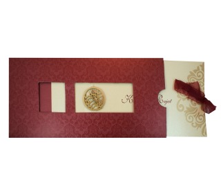 Muslim Wedding Card in Maroon with Pull out inserts in Golden