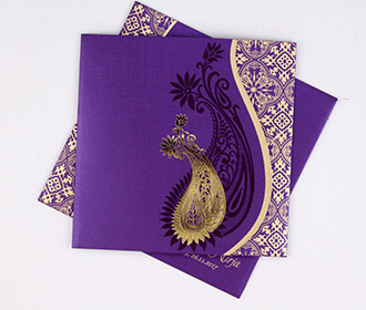 Muslim wedding invite in purple with golden paisley