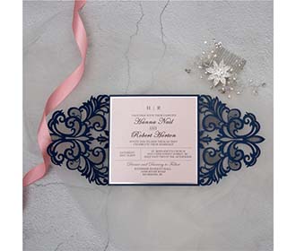 Navy Blue Gate fold Laser cut wedding invitatio for Christian weddings