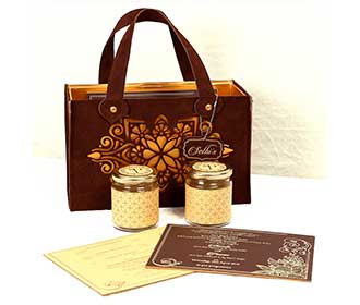 Openn carry bag style wedding invite with inserts and sweet jars