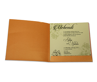 Orange colour multifaith wedding invite with golden flowers