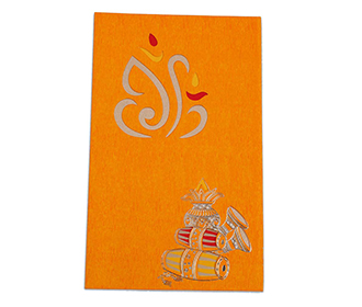 Orange colour wedding invite with Ganesha and musical instruments
