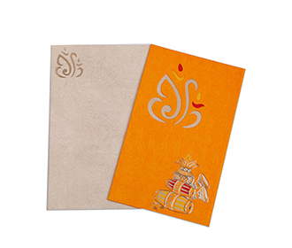 Orange colour wedding invite with Ganesha and musical instruments