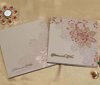 Paisley Design Indian Wedding Card in Brown and Magenta