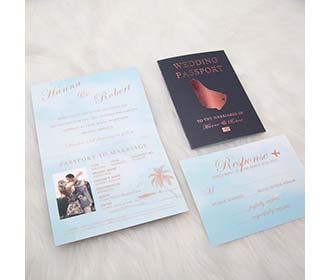 Passport style destination wedding invite in metallic color foil stamp