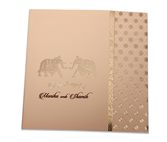 Peach & golden color wedding card with royal elephants