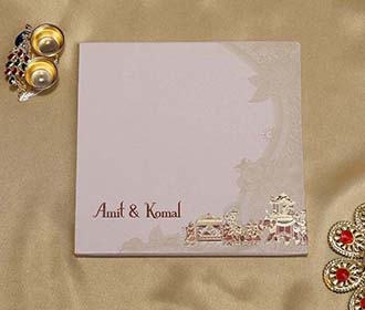 Peach Colour Royal Indian Invite with Dulhan and Doli Design