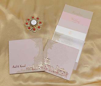 Peach Colour Royal Indian Invite with Dulhan and Doli Design