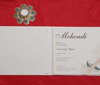 Peacock Design Indian Wedding Card in Ivory Colour