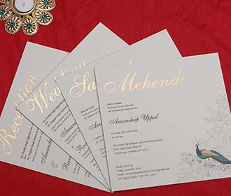 Peacock Design Indian Wedding Card in Ivory Colour