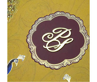 Peacock theme hindu wedding card with multicolor inserts