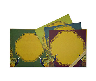 Peacock theme hindu wedding card with multicolor inserts