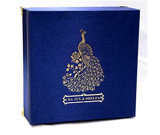 Peacock theme royal blue wedding boxed invitation with sweet jars