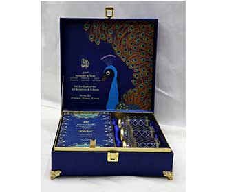 Peacock theme royal blue wedding boxed invitation with sweet jars