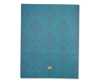 Peacock themed hindu wedding invitation in various shades of blue
