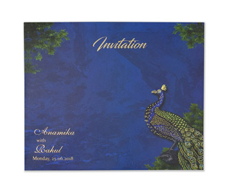 Peacock themed Hindu wedding invite in royal blue
