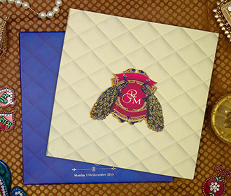 Peacock themed wedding invite in pink & blue