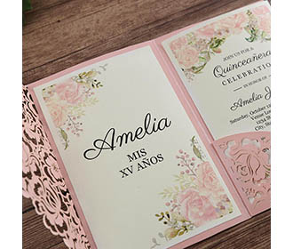 Pink paper Wedding invitation with floral lasercut design and pocket