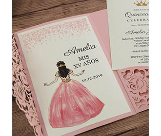 Pink paper Wedding invitation with floral lasercut design and pocket
