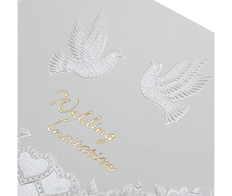 Postal friendly christian tri fold wedding invite with embossed doves
