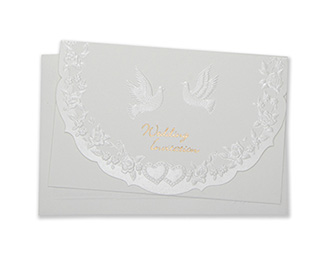 Postal friendly christian tri fold wedding invite with embossed doves