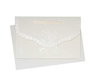 Postal friendly wedding invite with embossed doves & flowers
