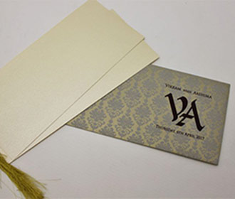 Pull out Indian wedding card in light golden with motifs in grey