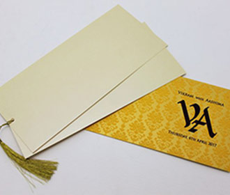 Pull out Indian wedding card in yellow golden with motifs in yellow