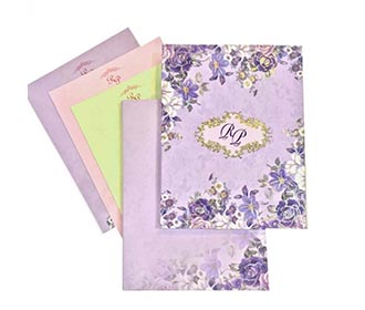 Purple colour floral wedding invite with multicolor inserts