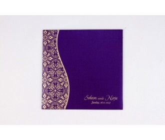 Purple wedding invite with golden paisley design