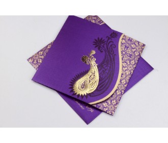 Purple wedding invite with golden paisley design