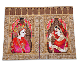 Radha Krishna theme royal Indian wedding invitation card