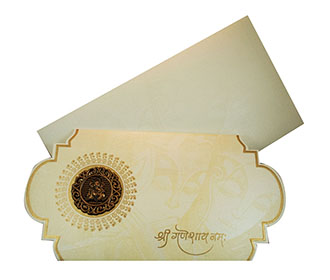 Radha Krishna Themed Hindu Wedding Card with Ganesha Symbol