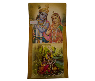 Radha Krishna themed wedding invite with narrative images