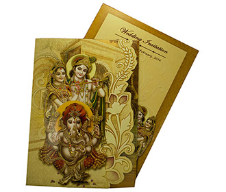 Radha Krishna themed wedding invite with narrative images