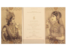 Radha-Krishna Wedding Card in Cream and Golden Colour