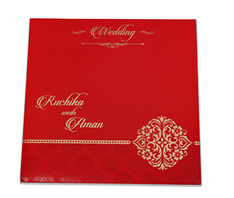 Red color modern wedding invite with golden ethnic motives
