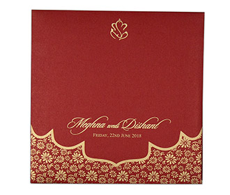 Red color multifaith Indian wedding card in floral golden pattern