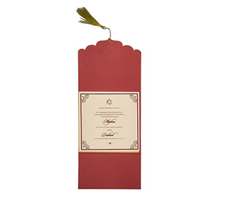 Red color multifaith Indian wedding card in floral golden pattern