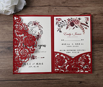 Red paper Wedding invitation with floral lasercut design and pocket