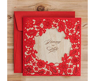 Red Square Floral Vintage Laser Cut Wedding Invitation