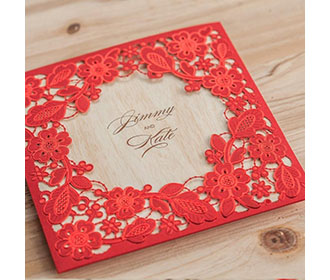 Red Square Floral Vintage Laser Cut Wedding Invitation