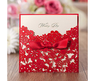 Red Square Laser Cut Flower with Bowknot Lace Pocket Wedding Invitations Card