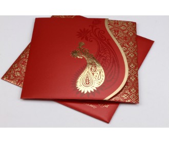 Red wedding invite with golden paisley design