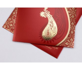 Red wedding invite with golden paisley design