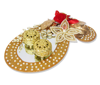 Ring Ceremony Tray in Golden with Red Flowers & Pearls