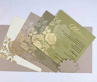 Rose themed indian wedding invitation in light brown colour