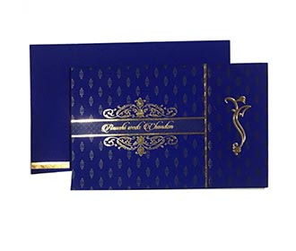 Royal blue color wedding invite with golden motifs & Ganesha